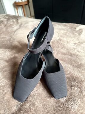 Reformation Black Square Toe Ankle Strap Pumps
